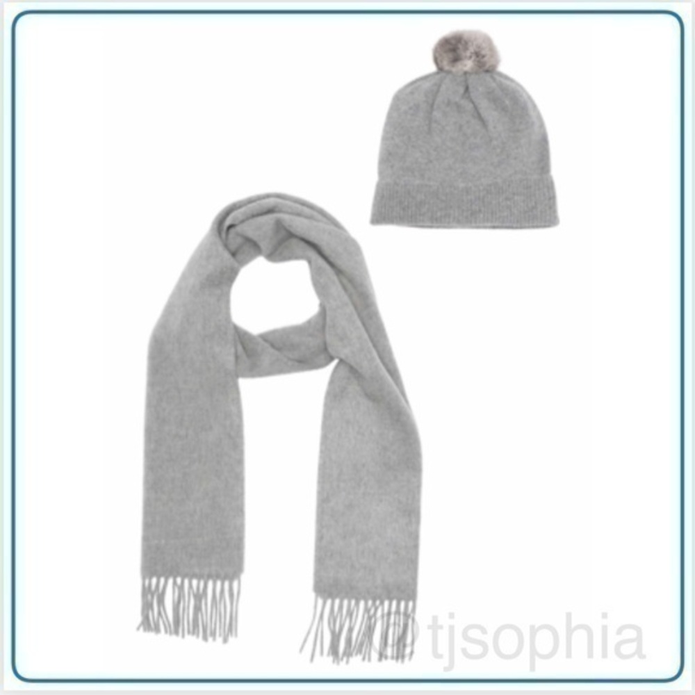 New 100% Cashmere Fur Scarf Pom Pom Beanie Gift Set (HD8)